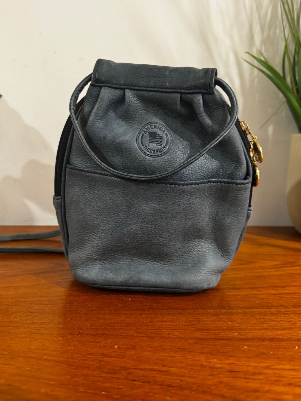 Vintage Gray Leather Mini Crossbody Bag deerskin